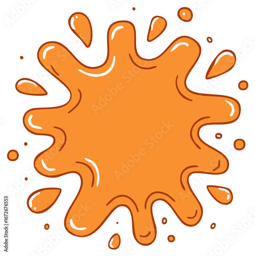 Shiny orange liquid splat illustration with drips and drops in a fun comic book style