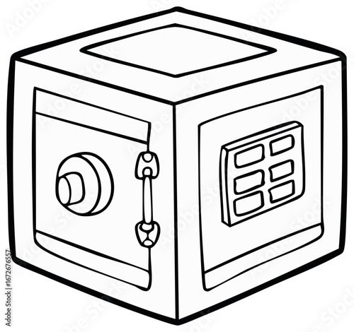 Cartoon line art drawing of a security safe box with a combination lock and keypad
