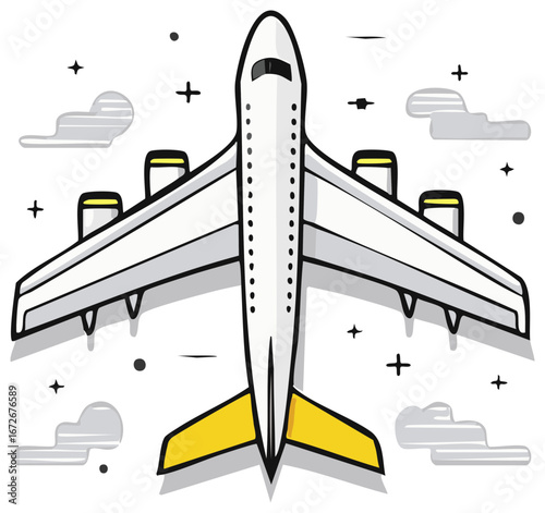 Modern passenger jetliner flying overhead with stylized clouds and stars