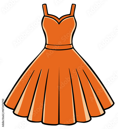 Vibrant orange retro style party dress with flared skirt and sweetheart neckline