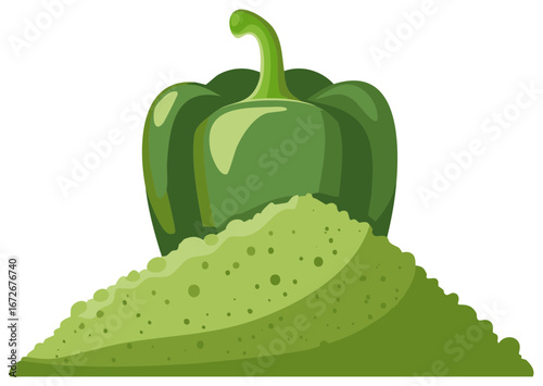 Vibrant green bell pepper with a pile of green powdered spice illustration