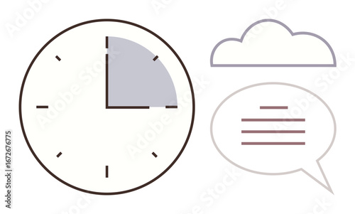 Clock with marked segment, speech bubble for communication, and cloud for connectivity. Ideal for productivity, organization, collaboration, efficiency, planning teamwork and time tracking. Simple