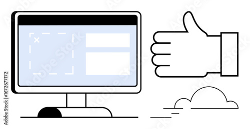 Monitor with a web interface and a thumbs-up gesture symbolizing approval. Thin cloud lines for simplicity. Ideal for feedback, approval process, user interface, success, endorsement, achievement