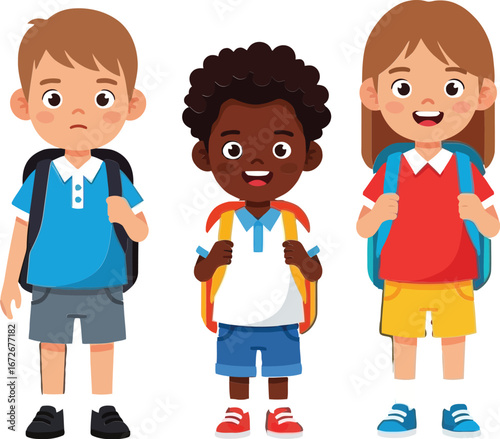 Three diverse happy school children standing with backpacks smiling in casual clothes vector illustration