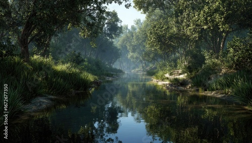 Serene river flowing through misty forest; sunlight filters through canopy; tranquil nature scene; ideal for relaxation, travel, or nature documentaries