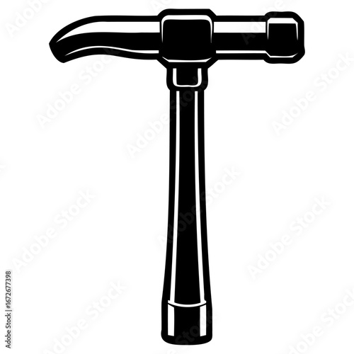 A black and white illustration of a claw hammer, a common tool used for driving nails and prying them out