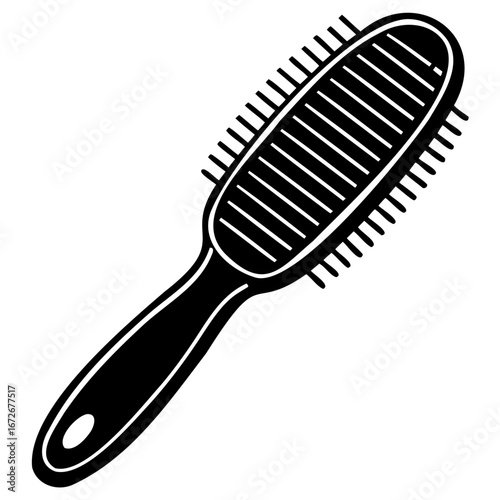 Black and white illustration of a hairbrush with a long handle and oval head with bristles