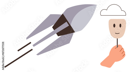 Rocket speeding into space, hand holding a stick with a happy face and cloud, representing creativity, innovation, ambition, optimism, thinking, duality and exploration. Ideal for futuristic success