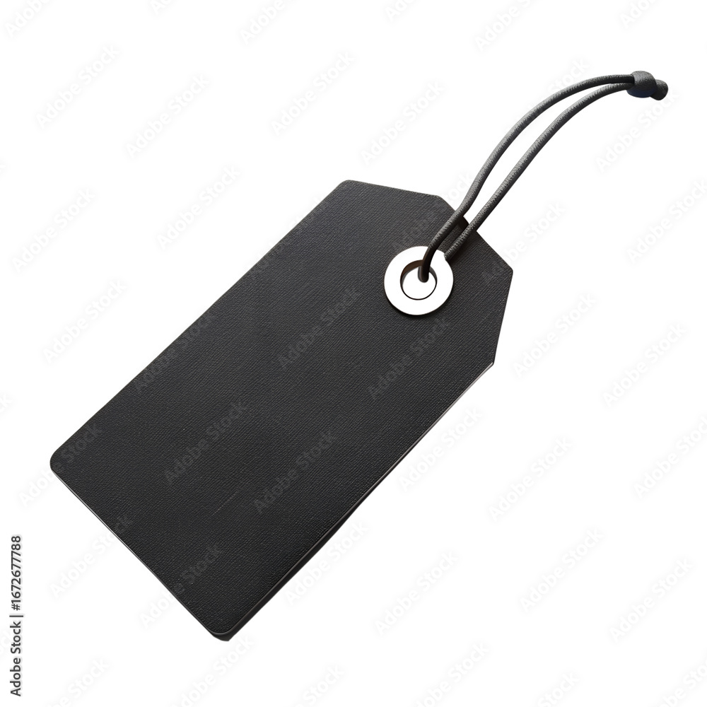 Fototapeta premium A textured dark gray rectangular tag with a black string attached to a reinforced hole against a solid black background