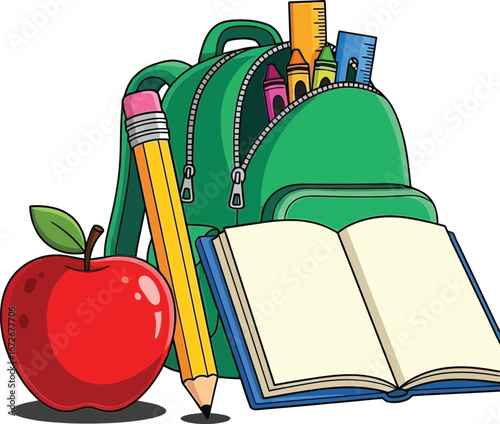 School supplies backpack with open book apple pencil and colorful rulers vector illustration for education and learning concepts