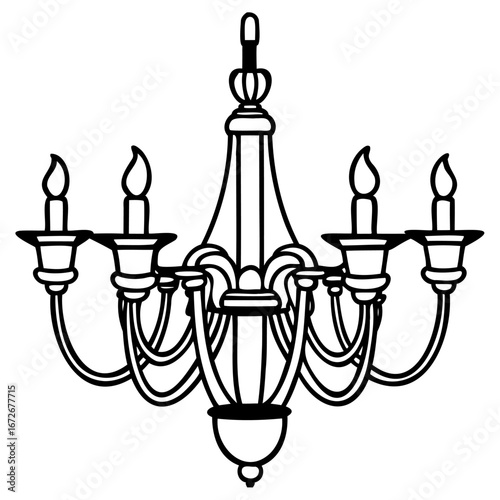 Elegant sixarm chandelier with candleshaped lights, rendered in a classic black and white line art style