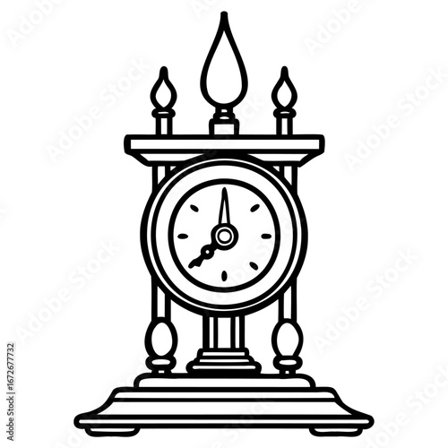 Vintage mantel clock with ornate details and a flamelike finial, presented in a simple line art style