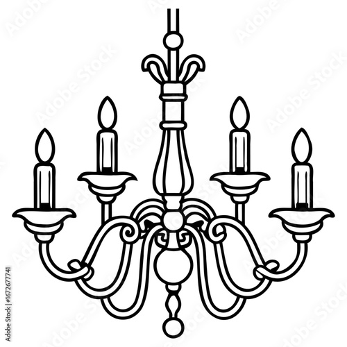 Elegant vintage chandelier with five candleshaped lights, rendered in a classic black and white line art style