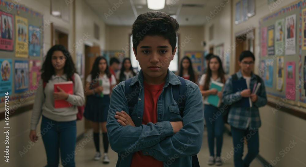 Fototapeta premium Portrait of a serious Hispanic teenage boy standing with arms crossed in a busy school hallway. Student feeling lonely or bullied.