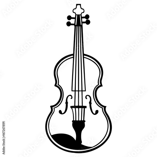 Black and white illustration of a violin, a stringed musical instrument played with a bow
