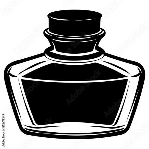 An antique glass inkwell filled with black ink, featuring a stopper and a classic, elegant design