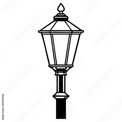 Classic black and white illustration of an oldfashioned street lamp, perfect for historical or decorative themes