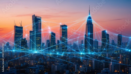 Wallpaper Mural Wide shot of a modern city skyline at dusk with numerous illuminated skyscrapers and buildings, interconnected by glowing blue network lines symbolizing global communication and technology, set agains Torontodigital.ca