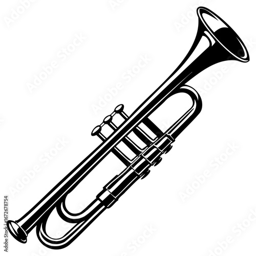 Black and white illustration of a trumpet, a brass musical instrument with valves and a flared bell