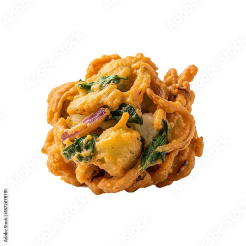 Crispy pakora displays fried onions, spinach, and potatoes on a isolated background.
