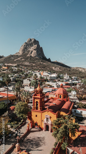 Aerial view of Peña de Bernal, a rocky mountain in Mexico, Querétaro State.
