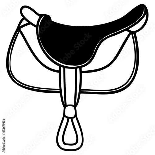 Black and white illustration of a classic horse saddle, a piece of equestrian equipment used for riding