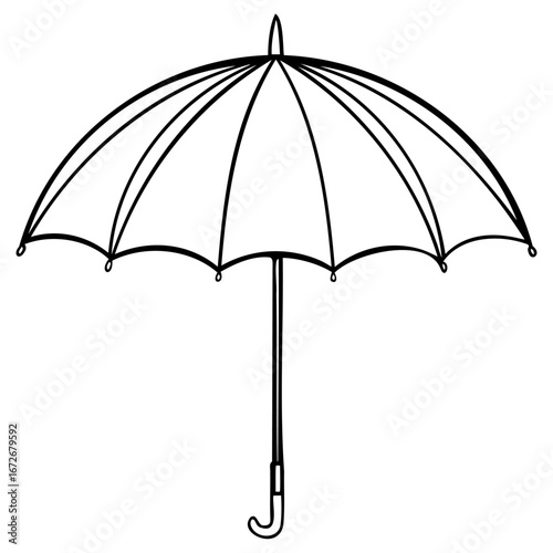 A simple line drawing of an open umbrella with a curved handle, presented on a