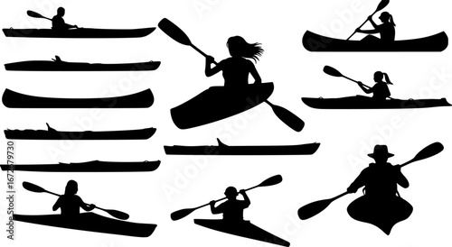 Kayak silhouettes, Canoe silhouette, Woman kayaking silhouette, Kayaking silhouette, Kayak SVG, Kayak vector set