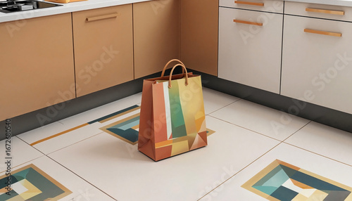 Patterned paper grocery bag in orange and yellow colors representing shopping and errands on a tiled kitchen floor.