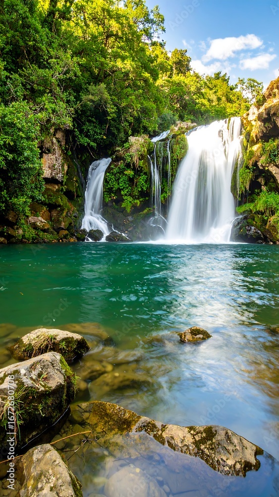 Fototapeta premium A tranquil waterfall cascades down rocky cliffs into a crystal-clear pool, surrounded by lush green foliage under a bright, sunny sky.