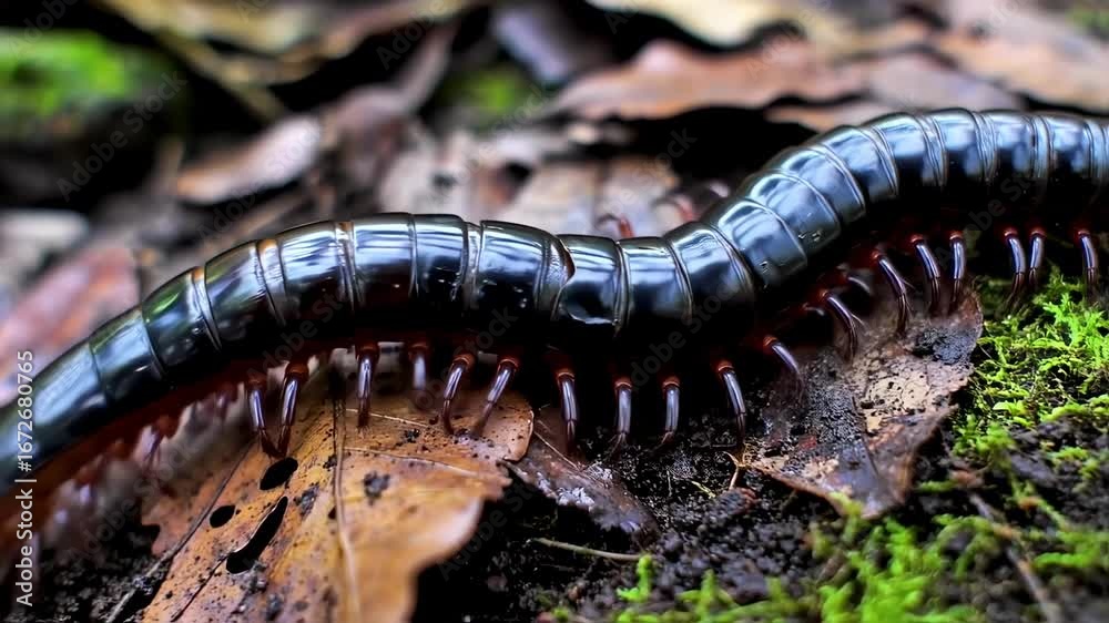 Detailed view of a giant millipede crawling on a forest floor in its habitat. Macro footage Detailed view of a giant millipede crawling on a forest floor in its habitat. Macro footage