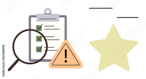 Checklist with green checkmarks, warning triangle, magnifying glass, and star emphasize evaluation, standards, safety. Ideal for quality control, audit, safety compliance assessment performance