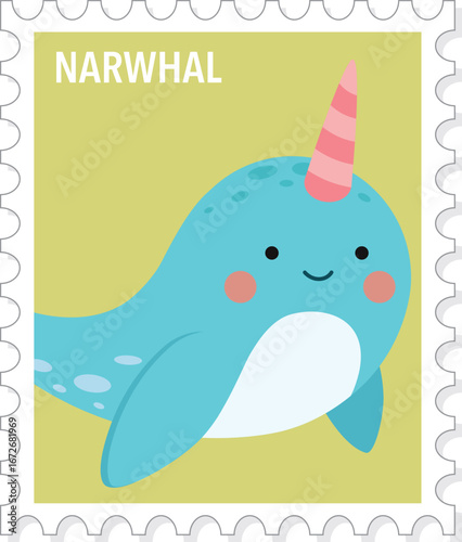 Wallpaper Mural Narwhal, Cute Animal Stamp Vector Illustration, Print Torontodigital.ca