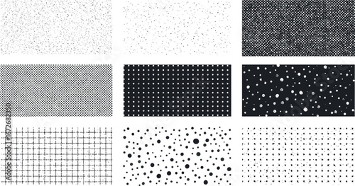 Collection of nine black and white abstract textures on transparent background