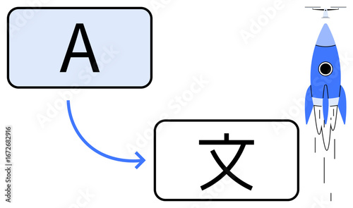 Text conversion from A to character with arrow indicating translation process, paired with rocket. Ideal for language, technology, communication, education, innovation, AI progress. Simple flat