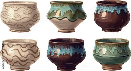 Illustration of six variously decorated ceramic vases on transparent background