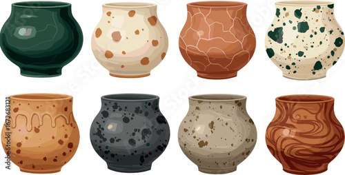Collection of eight decorative ceramic vases on transparent background
