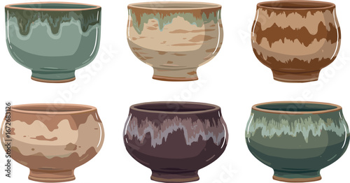 Six assorted ceramic cups with glaze drip on transparent background