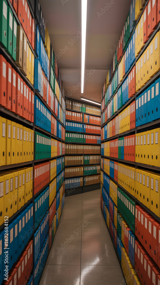 Fototapeta premium A narrow aisleway lined with shelves filled with colorful binders