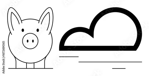 Piggy bank and stylized cloud depict financial savings, digital technology, cloud storage, economy, wealth, and efficiency. Ideal for finance, technology, innovation investment metaphorical