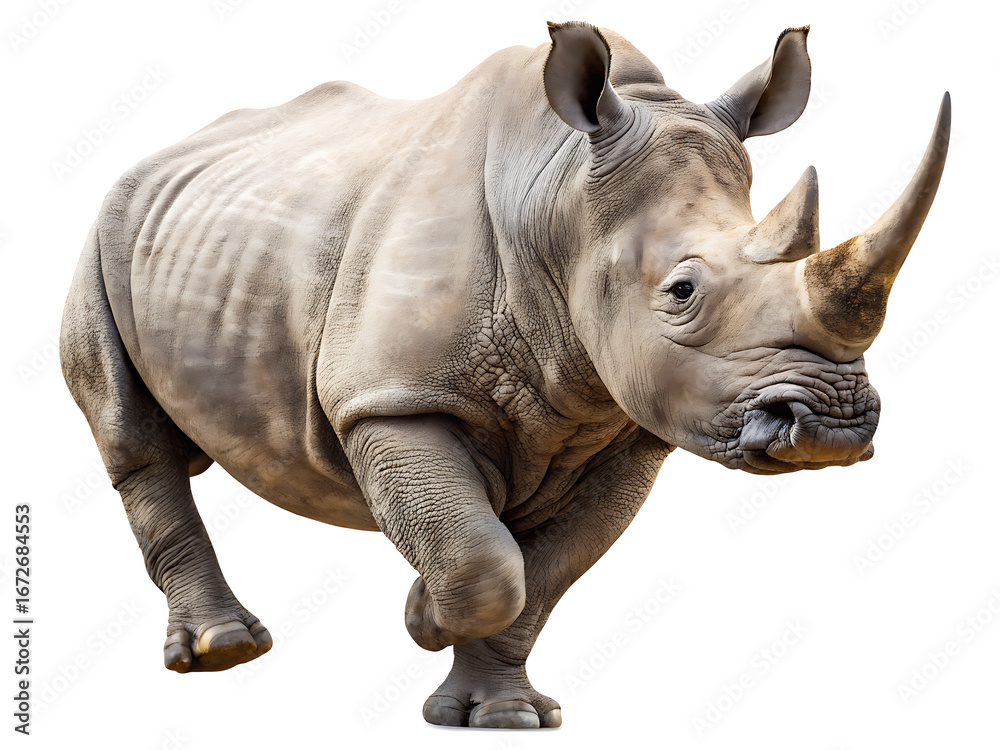 Naklejka premium A close up shot of a rhinoceros with two horns walking forward on a completely white background space