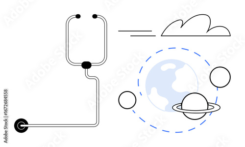 Abstract space-themed visuals with Earth, planets, cloud, and a connector pipe. Ideal for innovation, connectivity, exploration, science, sustainability technology simple flat metaphor