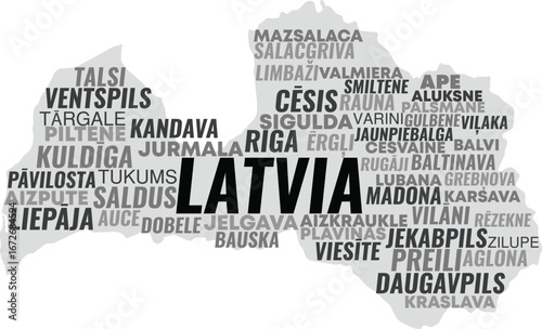 Latvia Map with Major Cities, Towns, and Landmarks – Detailed Typography Vector