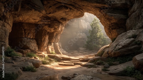 Wallpaper Mural dramatic stone cave opening with layered textures and soft morning light  Torontodigital.ca