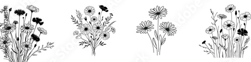 Minimalist black line-art botanical bouquet collection with wildflowers, daisies, cornflowers and poppies on white background
