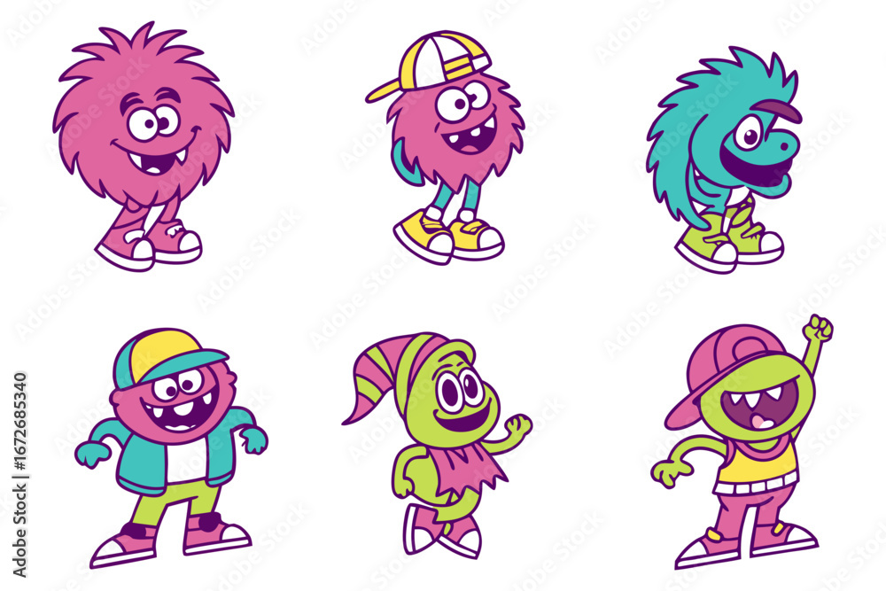 Obraz premium Playful Cartoon Monsters in Cool Outfits Vector Illustration Set