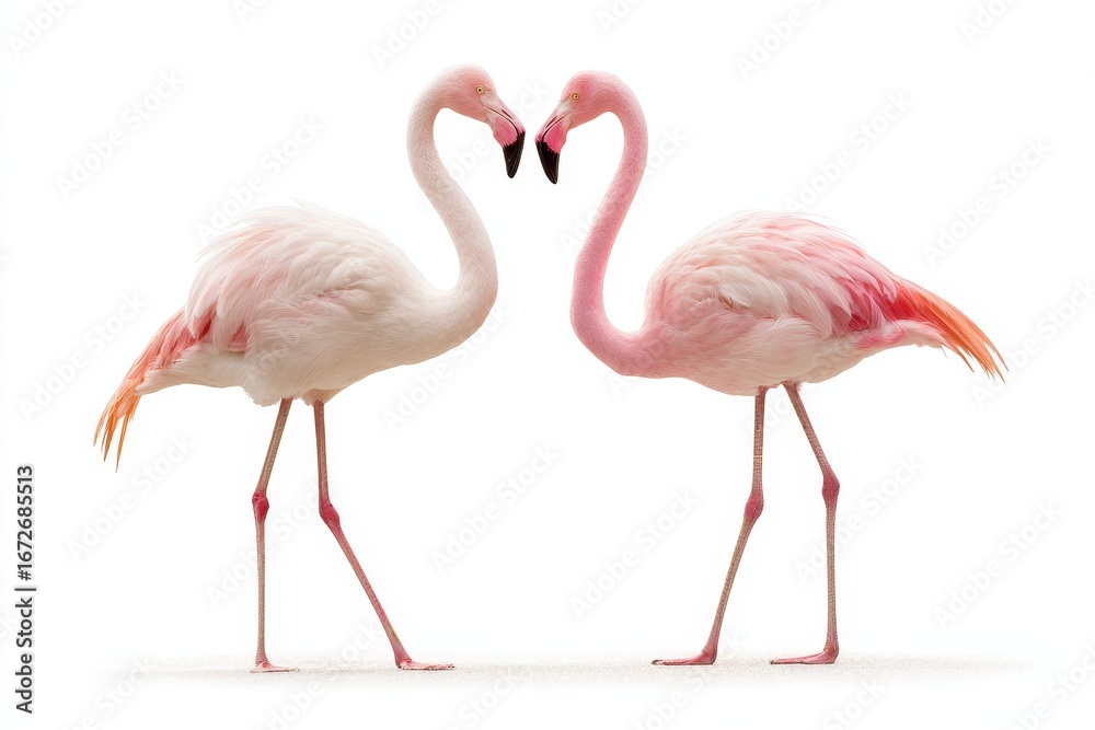 Obraz premium Two pink flamingos forming heart shape with necks, isolated on white background, high resolution detail of feathers and elegant pose