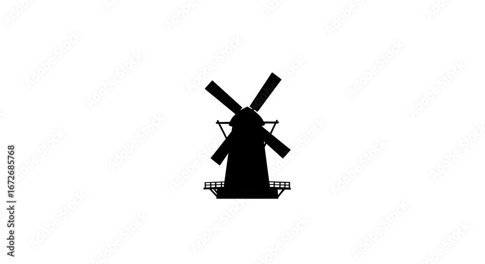 Obraz premium Illustration of classic windmill silhouette on simple white background, symbol of traditional architecture and natural energy
