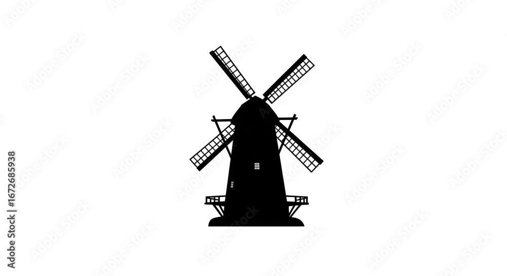 Obraz premium Illustration of classic windmill silhouette on simple white background, symbol of traditional architecture and natural energy
