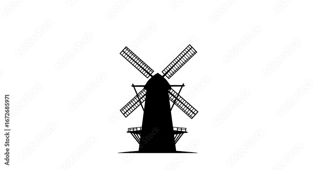 Obraz premium Illustration of classic windmill silhouette on simple white background, symbol of traditional architecture and natural energy